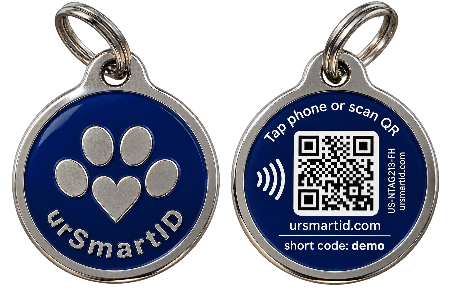 The urSmartID tag shown front and back — a round stainless-steel pet ID tag with the urSmartID paw mark on the front and a tap-or-scan panel on the back.